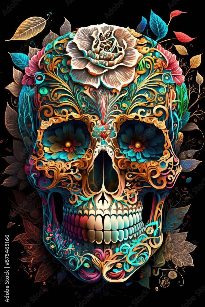 Mexican roses skull. Mexican roses skull. Vector illustration. Dia de los muertos shugar colorful head Generative Ai