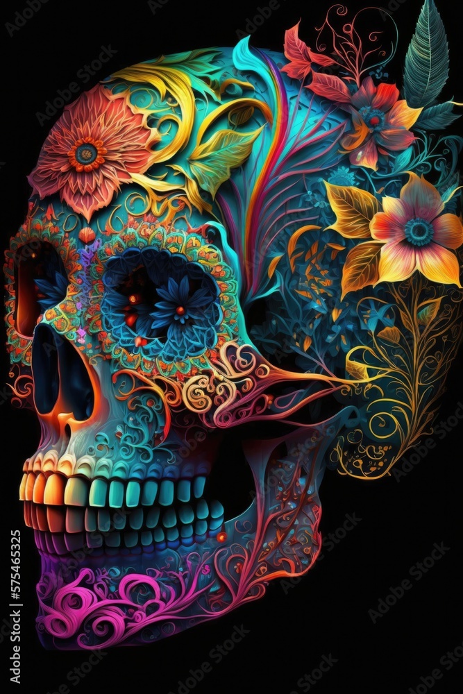 Naklejka premium Mexican roses skull. Mexican roses skull. Vector illustration. Dia de los muertos shugar colorful head