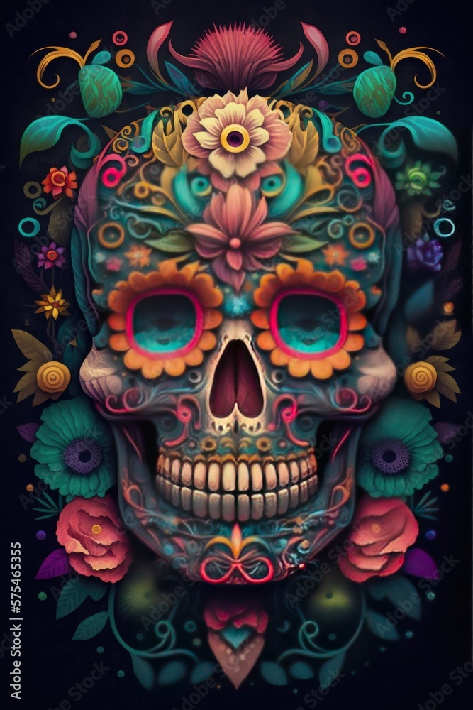 Fototapeta premium Mexican roses skull. Mexican roses skull. Vector illustration. Dia de los muertos shugar colorful head