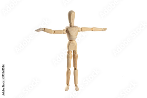 A wooden artist's mannequin posed with arms outstreched isolated on white