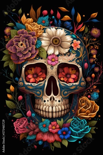 Mexican roses skull. Mexican roses skull. Vector illustration. Dia de los muertos shugar colorful head