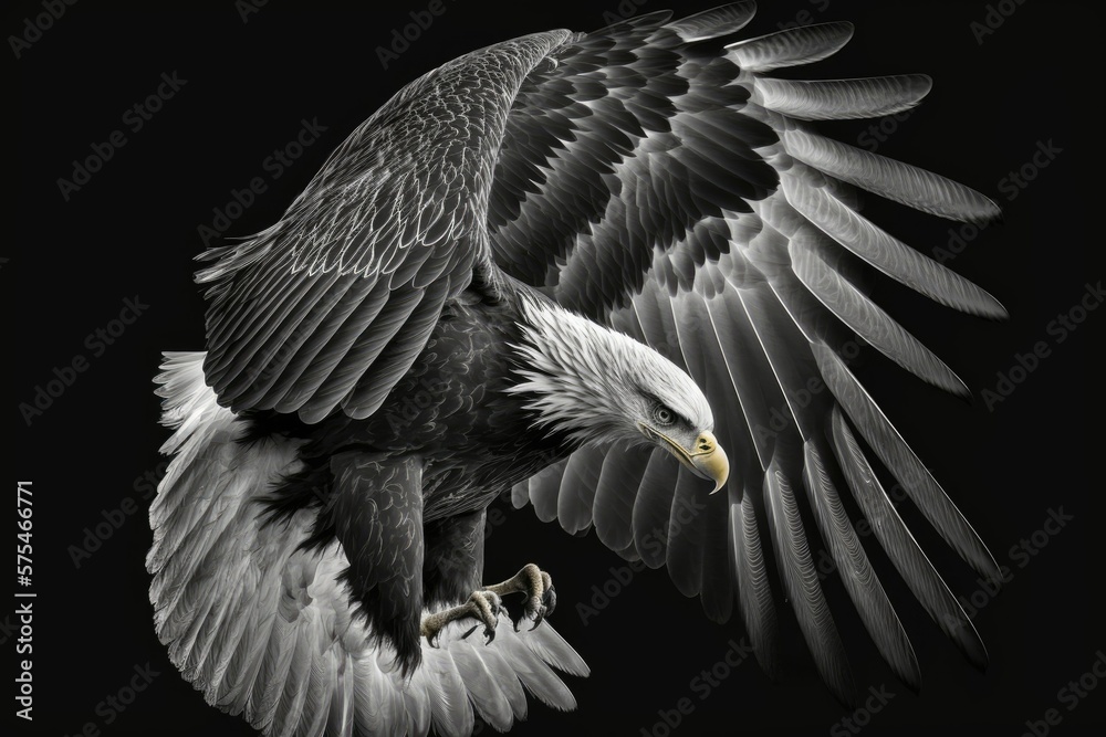 Fototapeta premium Images of a single Bald Eagle on a black backdrop. Generative AI