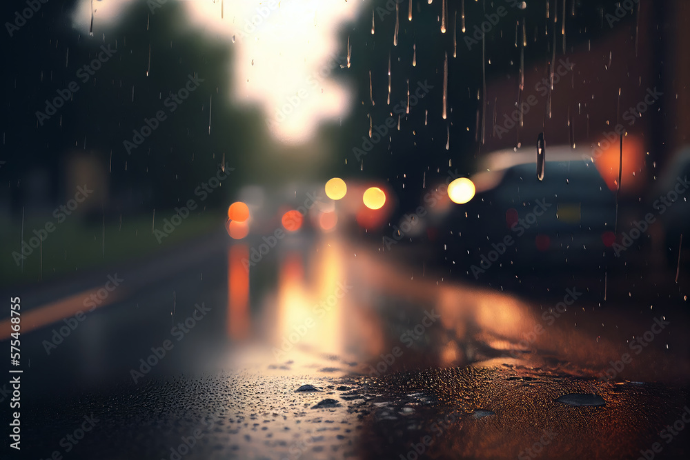 Rain drops on a rural city residential road against defocused city and car lights at night. Generative AI