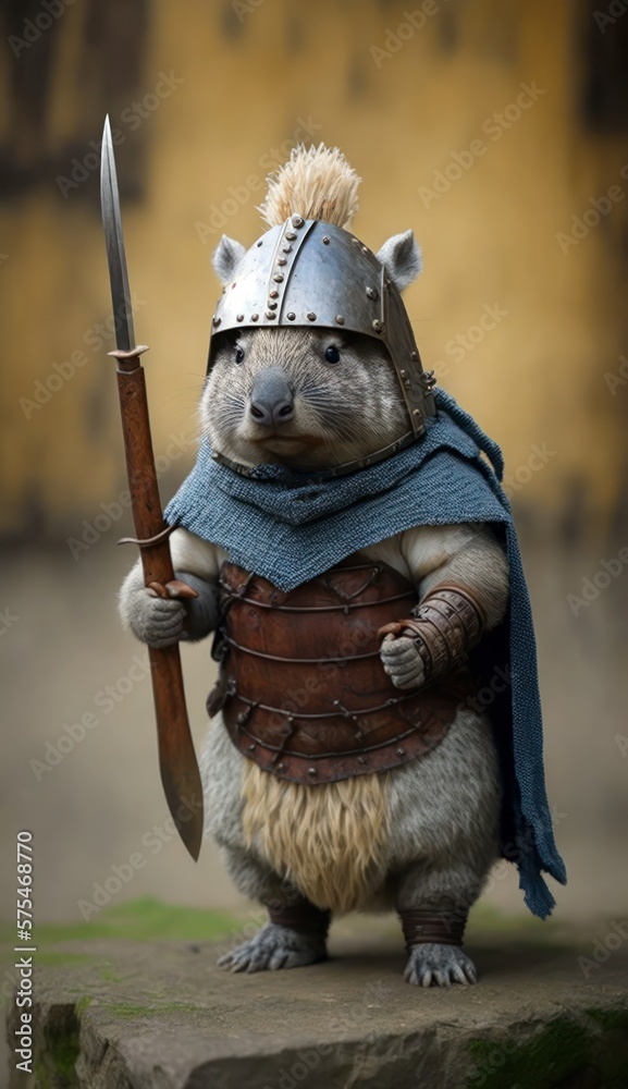 Fototapeta premium Raiding Valhalla: A Cute, Cool, and Beautiful Viking Animal Wombat Warrior's Battle on a Longship with Beautiful Stylish Designer Armor and Norse Mythology (generative AI)