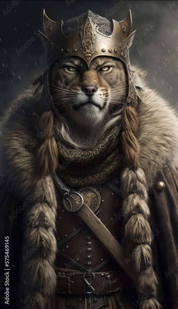 Raiding Valhalla: A Cute, Cool, and Beautiful Viking Animal cougar Warrior's Battle on a Longship with Beautiful Stylish Designer Armor and Norse Mythology (generative AI)