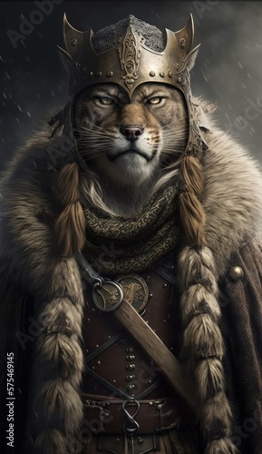 Raiding Valhalla: A Cute, Cool, and Beautiful Viking Animal cougar Warrior's Battle on a Longship with Beautiful Stylish Designer Armor and Norse Mythology (generative AI) © Christine