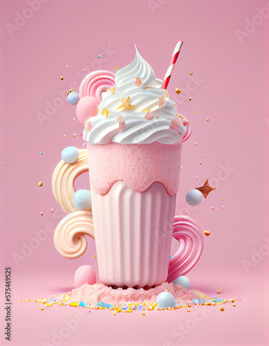 White milkshake in pink cup on pink abstract background with decorations. Generative AI.