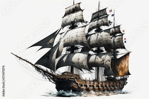On a white background, a pirate ship with sails. Generative AI