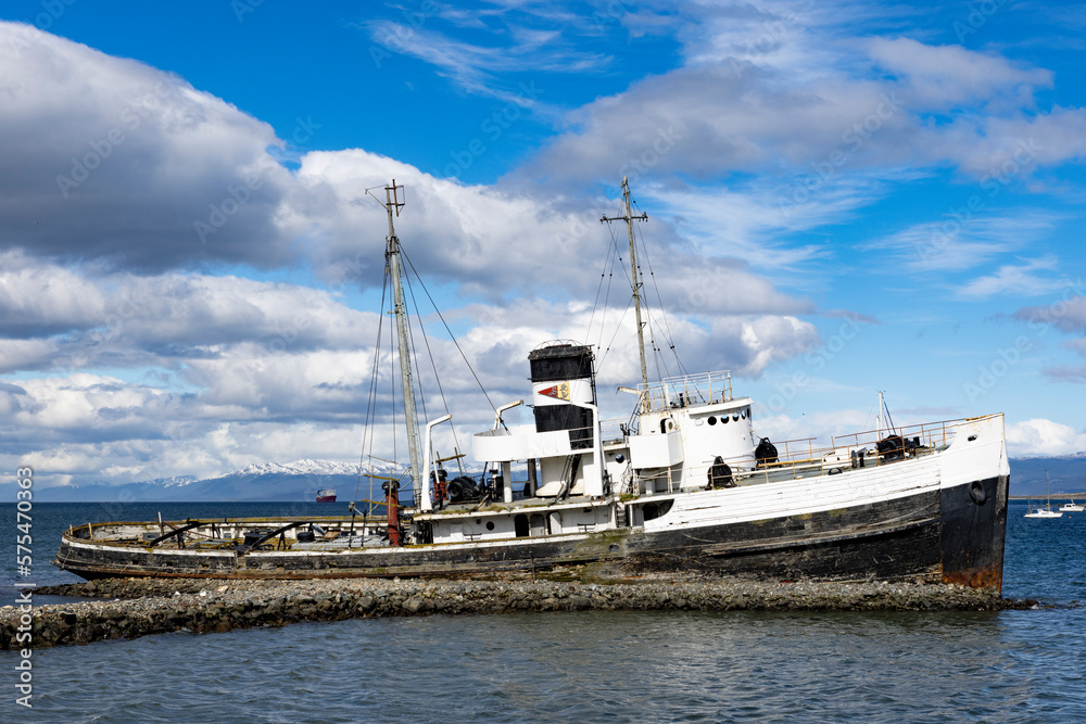Famous Shipwreck Saint Christopher at the port of Ushuaia, Tierra del Fuego in Argentina, South America