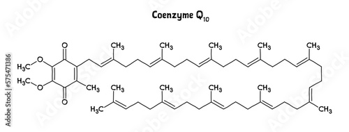 Coenzyme Q10 molecular structure. Coenzyme Q10, ubiquinone or CoQ10, is a organic vitamin-like compound important for cardiovascular, brain and dental health, fertility, physical perfromance. .Vector