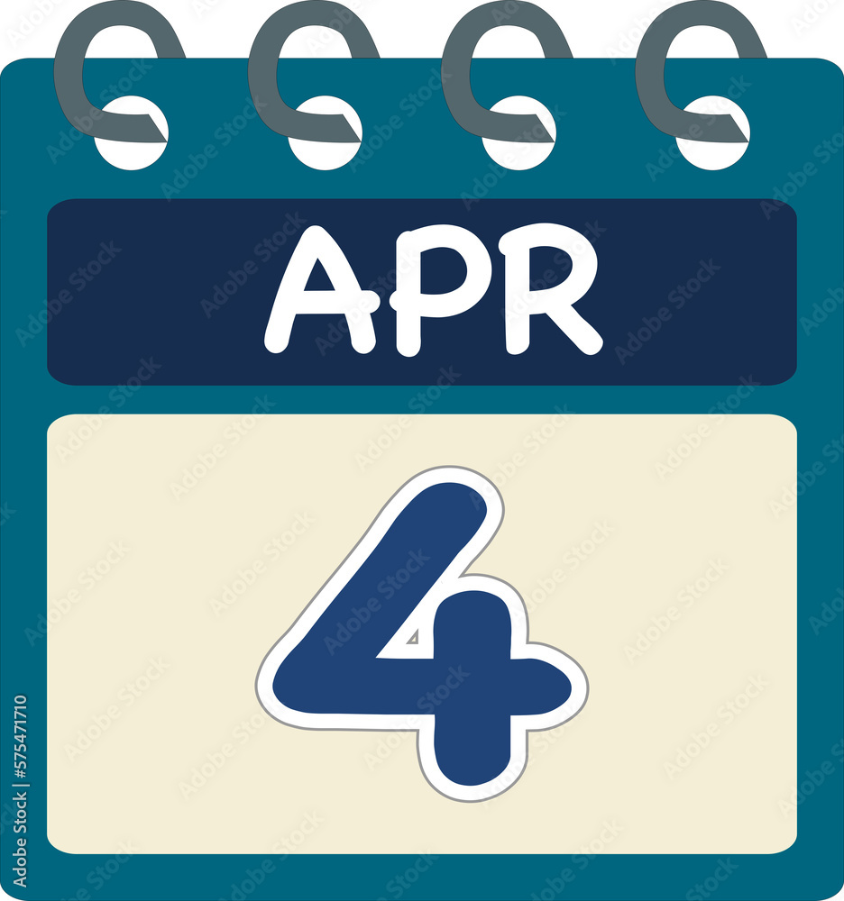 Flat icon calendar 4 of April. Date, day and month. PNG illustration . Blue teal green color banner. 4. Jun. 4th of Apr.
Flat icon calendar 4 of April. Date, day and month. PNG illustration . Blue teal green color banner. 4. Jun. 4th of Apr.