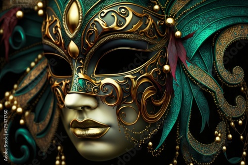 Venetian Carnival Mask and Beads Decoration: Mardi Gras Background, generative ai