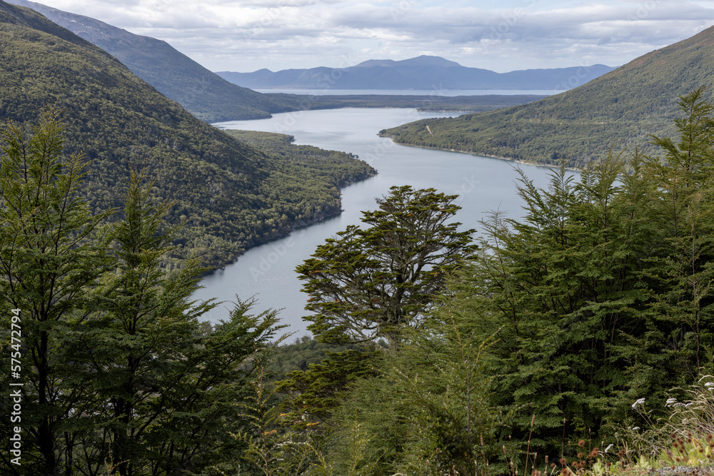 View from Paso Garibaldi near Ushuaia down to Lago Escondido in Tierra del Fuego, Argentina, South America