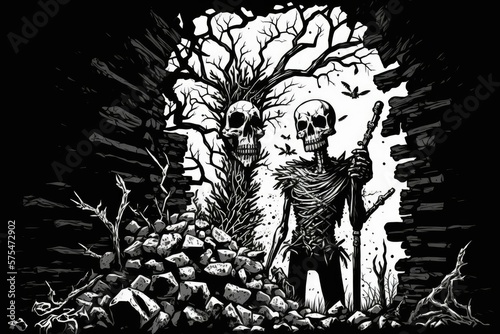 Wall of rotting bones and a skeleton, for added fright. Creepy animal bones. Fantasy horror as a subgenre. Moody and eerie, perfect for the Halloween season. Computer generated artworks. An impact of © 2rogan