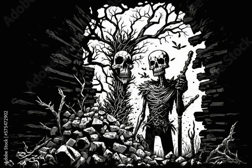 Wall of rotting bones and a skeleton, for added fright. Creepy animal bones. Fantasy horror as a subgenre. Moody and eerie, perfect for the Halloween season. Computer generated artworks. An impact of