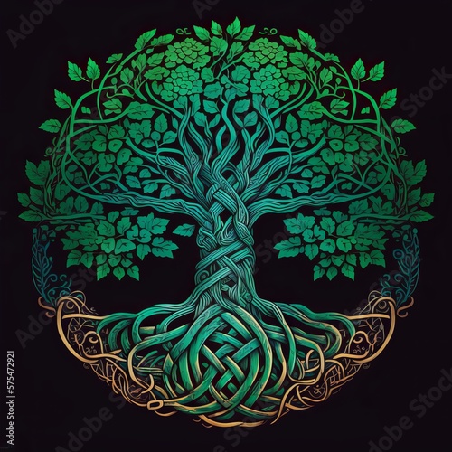Celtic Tree of Life and Death Symbol in Vivid Emerald Colors, generative ai