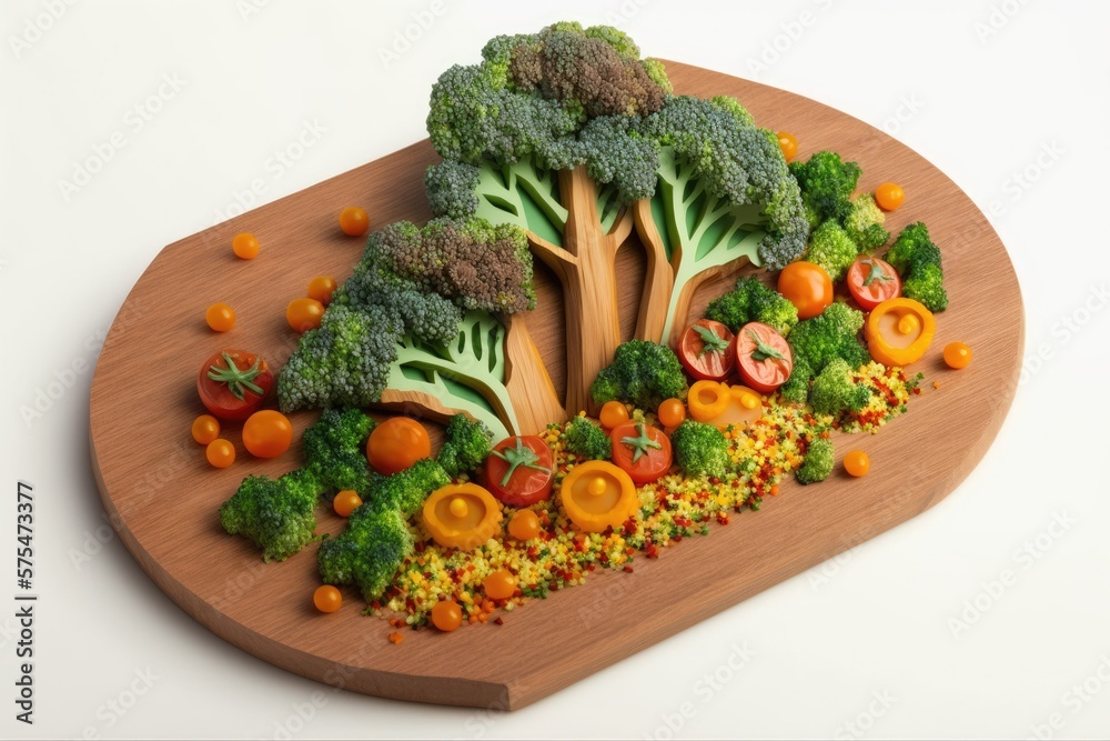 Served on a weathered wooden platter is a quinoa salad topped with broccoli, sweet potatoes, and tomatoes. Salad made with quinoa and vegetables of three different colors. The concept of superfoods an