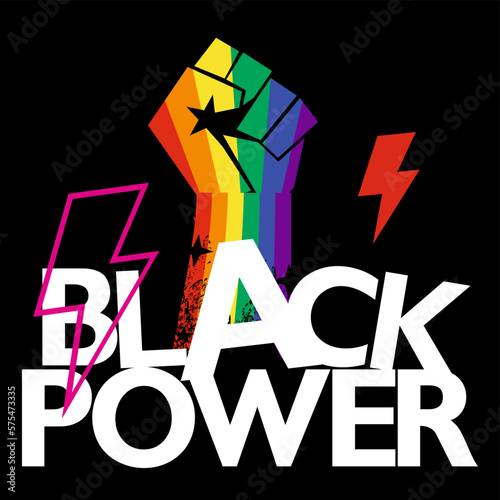 Black Power. Design for black history month t-shirt. Vector illustration of fist with the colors of the rainbow isolated on black