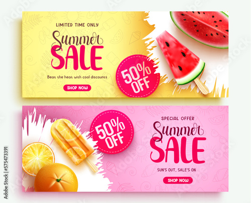 Summer sale vector set. Summer sale text with limited and special offer up to 50% off holiday promo. Vector illustration summer banner sale.
