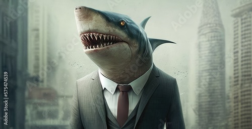 Fototapeta Portrait of a Shark dressed in a formal business suit, generative ai
