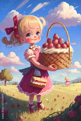 a litle girl, wear pink, bring a cake, generated AI