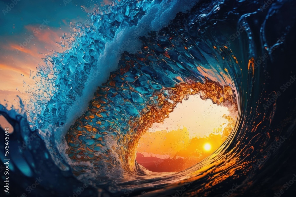 summer sunset tropical design template stunning wave of ocean water, breaking with splashes and drops as the ride comes to an end. Generative AI