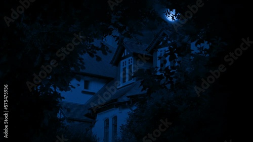 House With Moon Above Late At Night photo