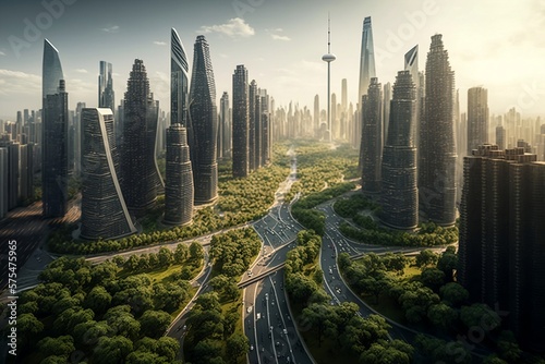 Futuristic Cityscape with Nature-Infused Design. Generative AI