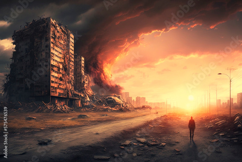 A vision of a city ablaze, with buildings engulfed in flames, in a post-apocalyptic world following a global war, generative AI.