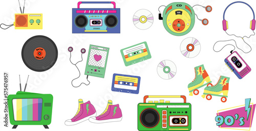 Classic retro elements of the 80s-90s. A set of bright illustrations - a stereo tape recorder, roller skates and sneakers, CD disks and a player, TV and radio, cassettes. Vector in modern style. For