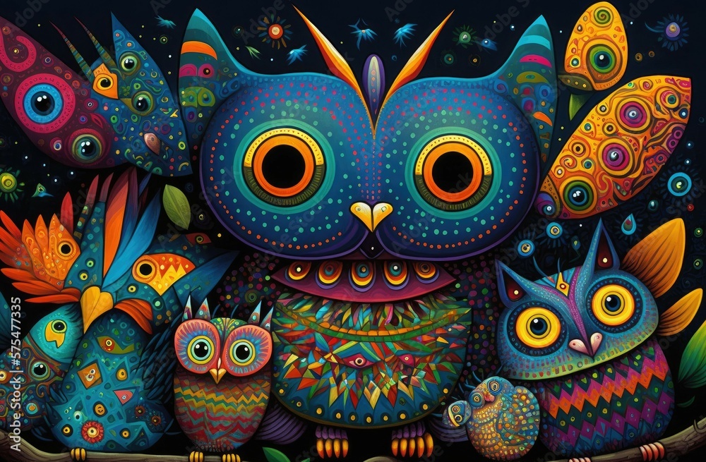 brightly colored Mexican folk art of fantastical creatures whimsical illustrations