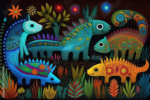 brightly colored Mexican folk art of fantastical creatures whimsical illustrations