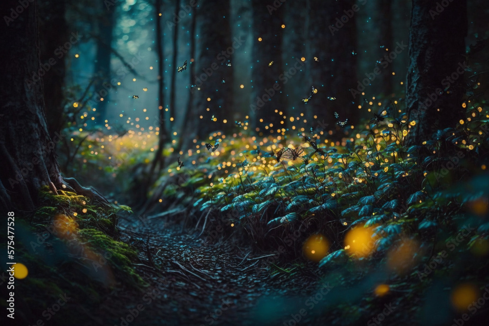 Fototapeta premium An epic forest with glowing fireflies. Generative AI