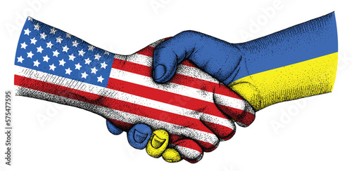 Handshake with flags of American USA and Ukraine.