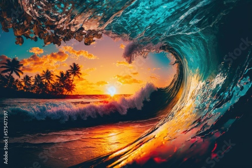 A beautiful tropical sunset as a backdrop. Colorful ocean wave crashes to shore next to palm tree. Generative AI