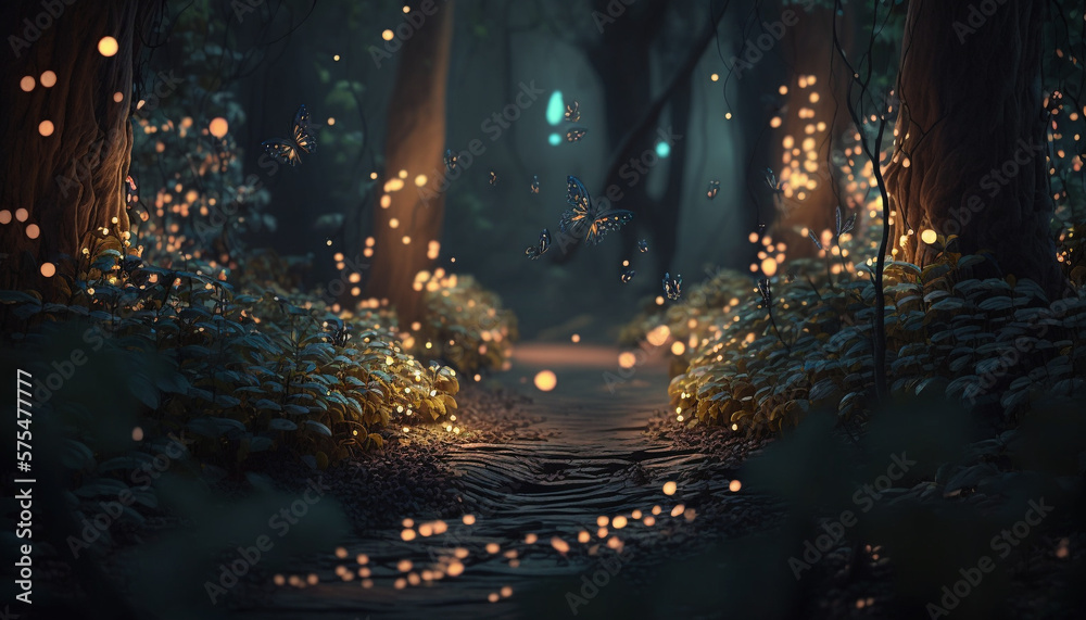 Fototapeta premium An epic forest with glowing fireflies. Generative AI
