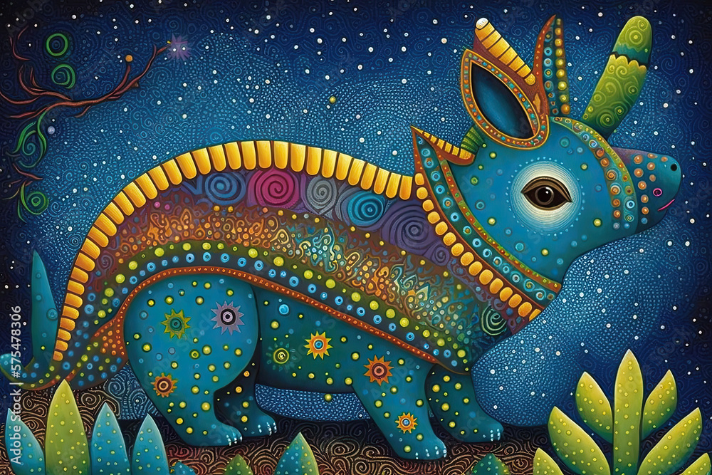 brightly colored Mexican folk art style animal paintings of fantastical creatures brightly colored Mexican folk art style animal paintings of fantastical creatures