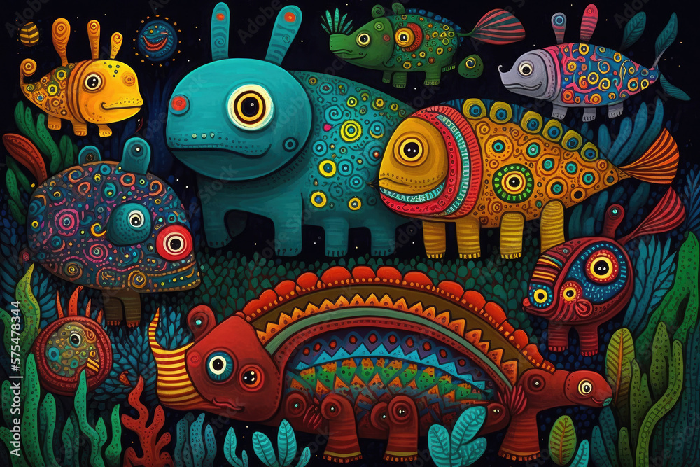 brightly colored Mexican folk art style animal paintings of fantastical creatures