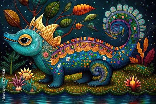 brightly colored Mexican folk art style animal paintings of fantastical creatures © NAITZTOYA