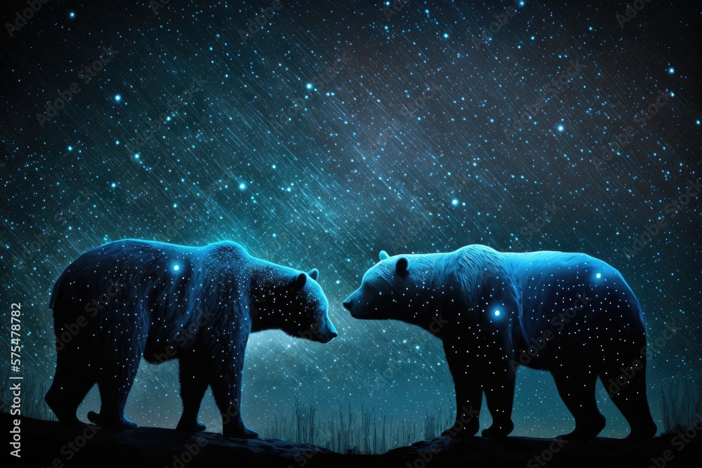Ursa Major and Ursa Minor, two bear constellations, in the night sky as ...