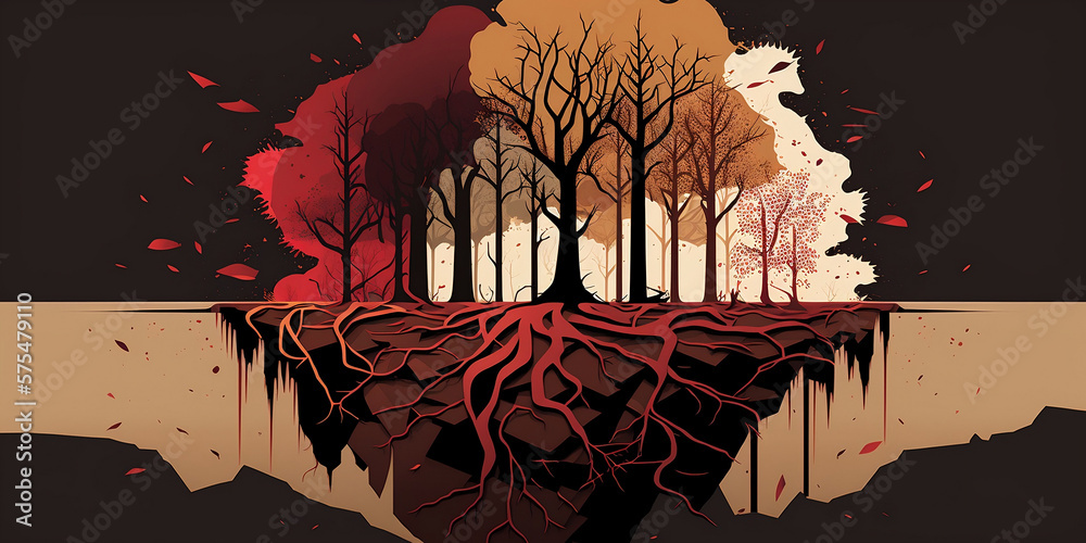 Simplistic illustration, featuring a series of trees in various shades ...