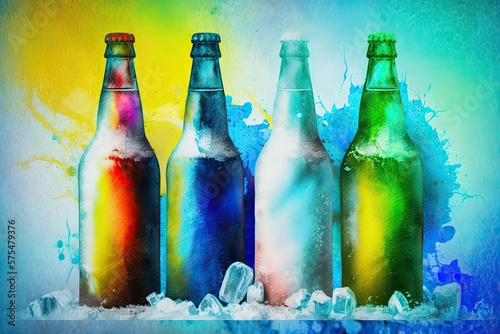 Beer bottles on ice against a colorful background. Generative AI