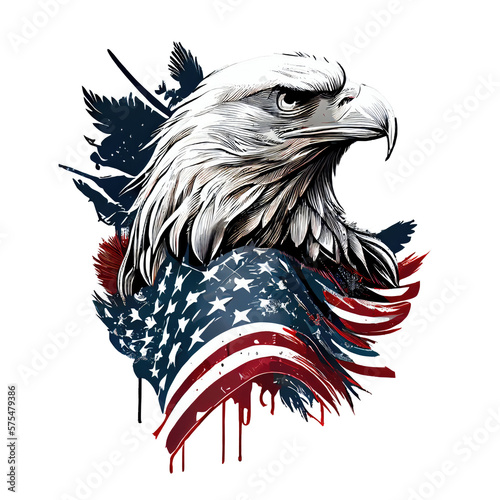 Eagle with USA flag, 4th July, Independence Day, American, vintage, blue and red colors, Transparent background. Generative AI photo