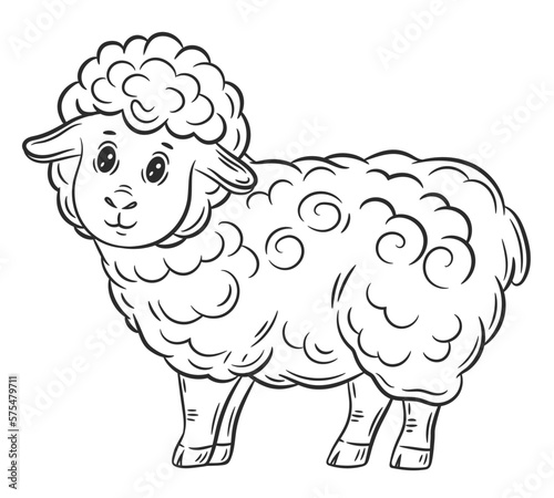 Cute sheep, little lamb farming animal line icon. Funny domestic ewe. Children coloring book page. Woolly ram agriculture livestock character. Zodiac Aries. Kids education game. Outline vector drawing