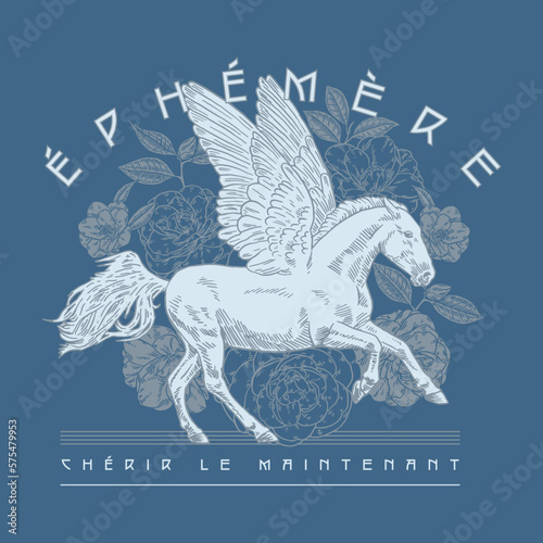 HAND DRAWN FRENCH PEGASUS HORSE ROSE CAMELIA FLOWER TOURIST DESTINATION TSHIRT TEE PRINT FOR APPAREL MERCHANDISE