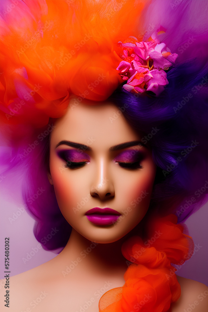 Colorful makeup and hairstyle created with generative AI technology