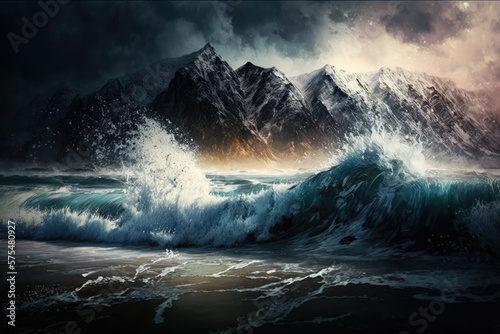 Beautiful beach with crashing waves and a backdrop of mountains. Generative AI
