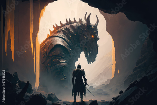 Horse monster looking at little hero with sword in the cave. Digital painting. (ai generated)