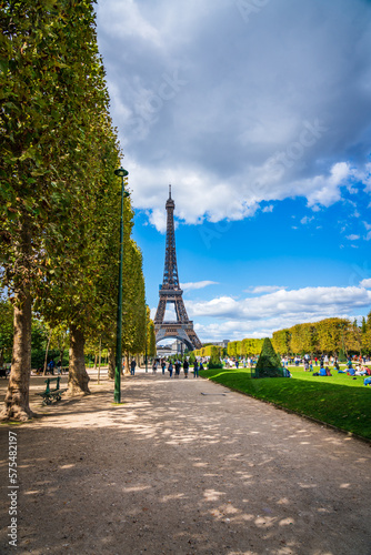 Eiffel Tower seen from park in Paris. France