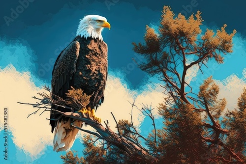 A stunning Bald Eagle, probably an American one, perched high on a tree. The backdrop consists of the sky. On Pinckney Island, she gets bathed in sunlight first thing in the morning. Generative AI photo